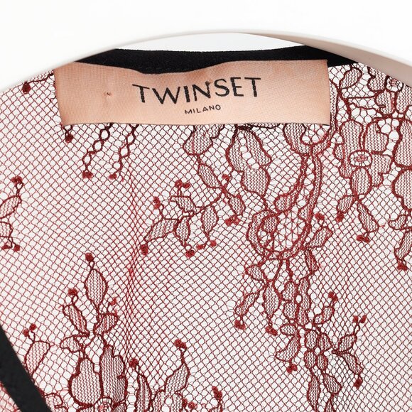 Twinset Burgundy & Pink Lace Ruffle Tie-Neck Blouse - Picture 9 of 10